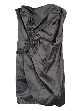 Xscape by Joanna Chen Charcoal Strapless Mini Dress with Beaded Applique